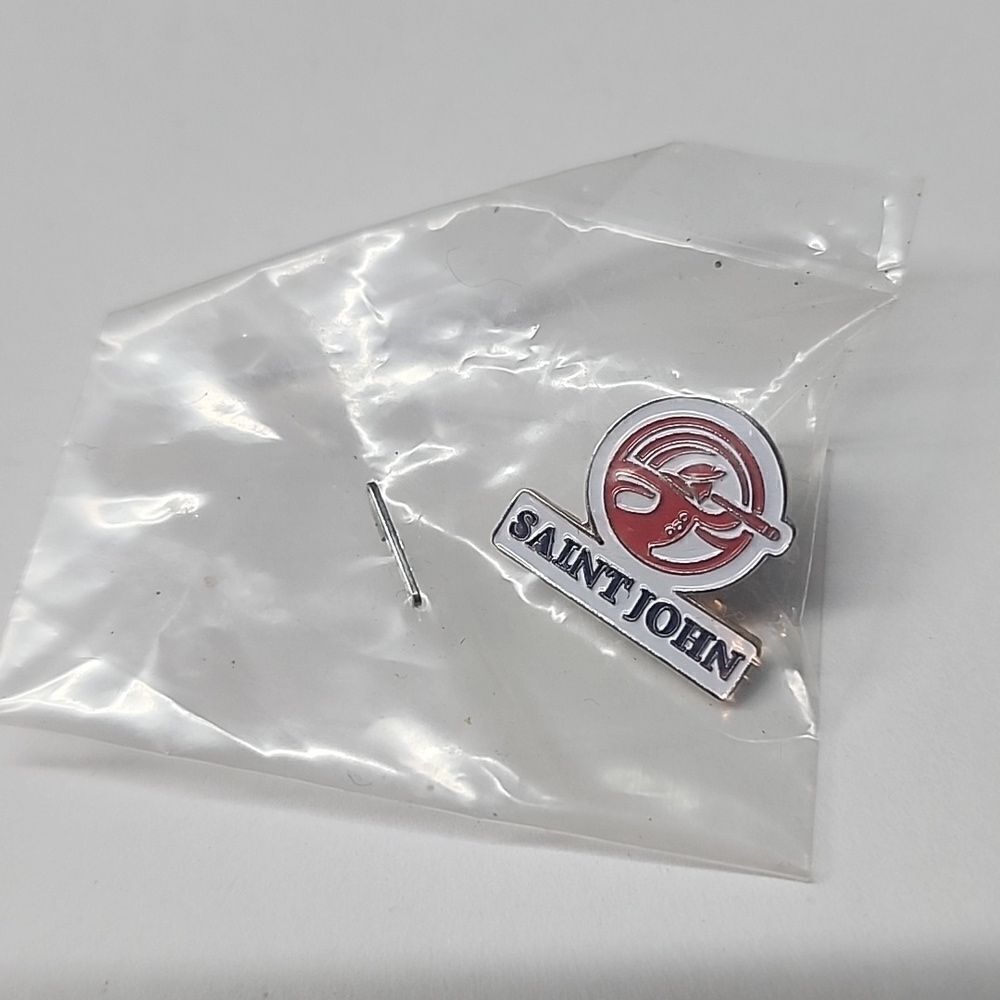 ST. JOHN PIN,SAINT JOHN SOUVENIR PIN,red white enamel metal keepsake pin NIP - Picture 1 of 2